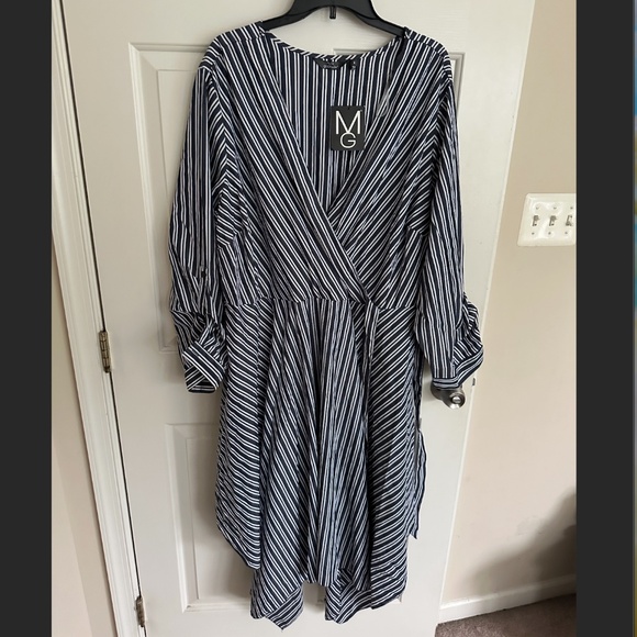 Blue Striped Roll Tab Sleeve Faux Wrap Dress - Picture 1 of 3